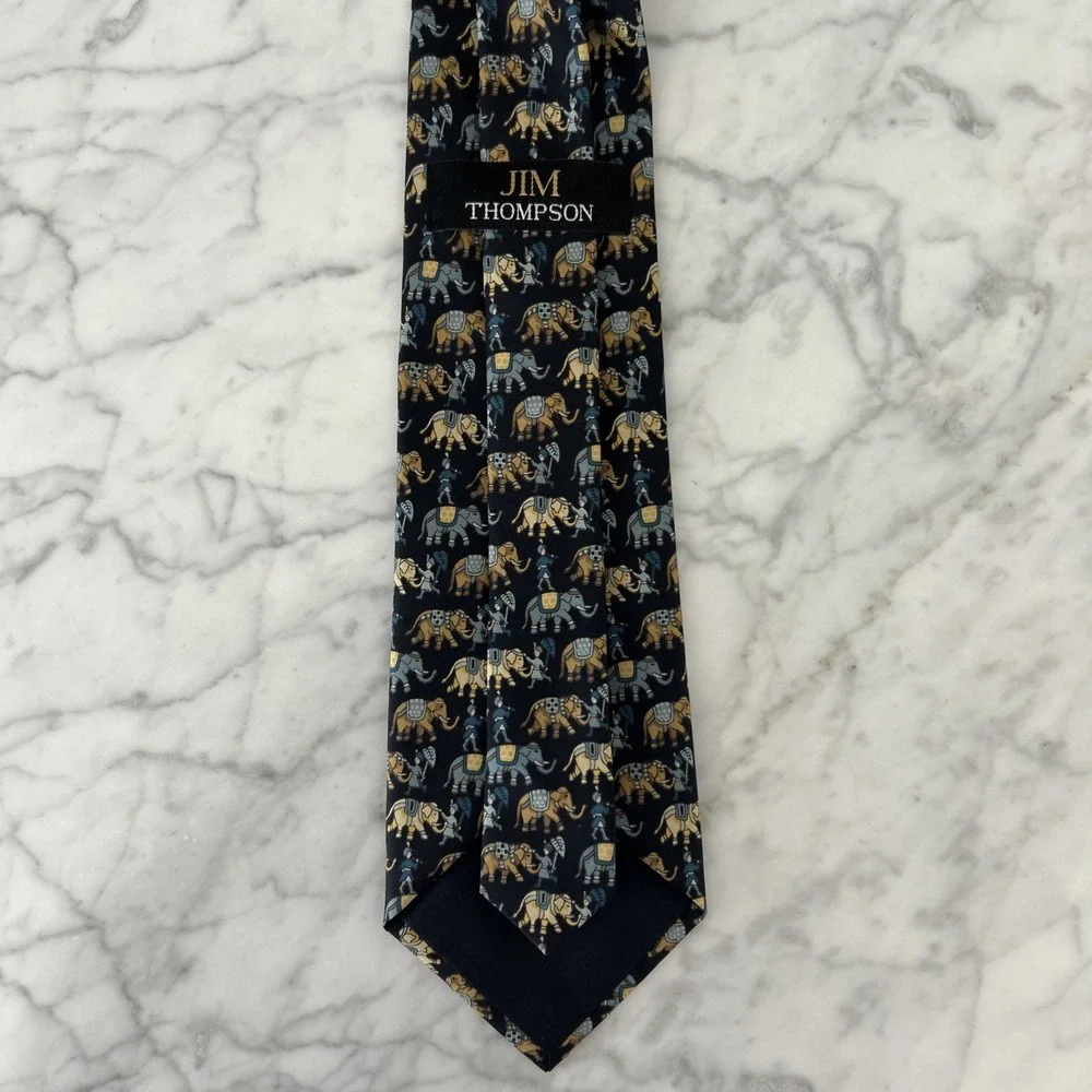 Jim Thompson 100% Silk Tie Whimsical Elephants Animal Print Blue & Tan
